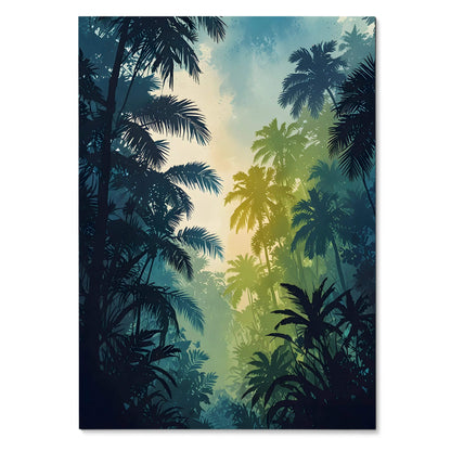 Vertical watercolor forest poster with lush silhouetted palm trees and misty light background wall art.