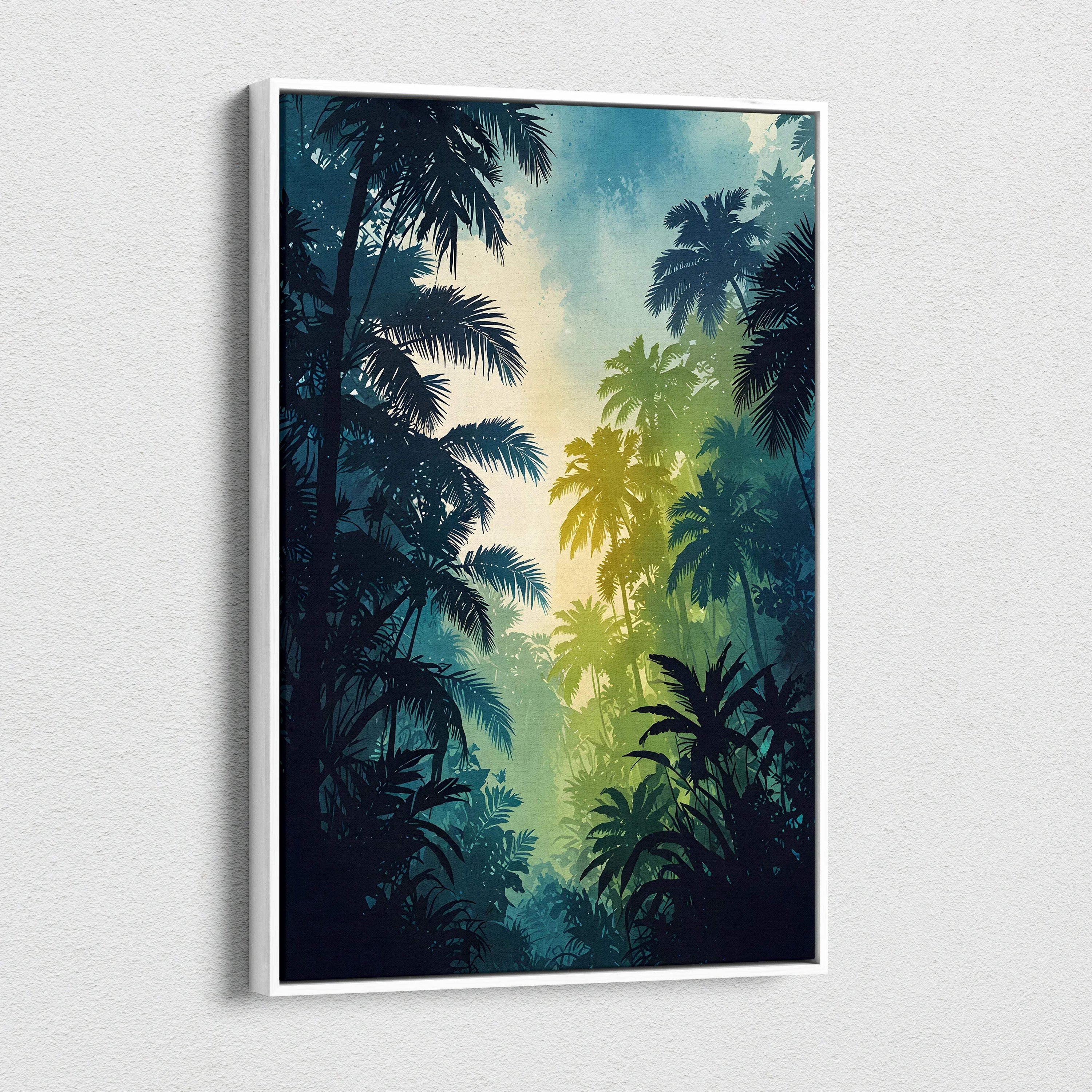 Vertical canvas wall art featuring a tranquil forest scene with layered silhouettes of trees and sunlight filtering through.