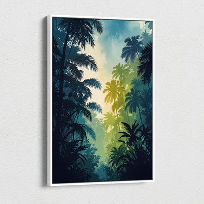 Vertical canvas wall art featuring a tranquil forest scene with layered silhouettes of trees and sunlight filtering through.