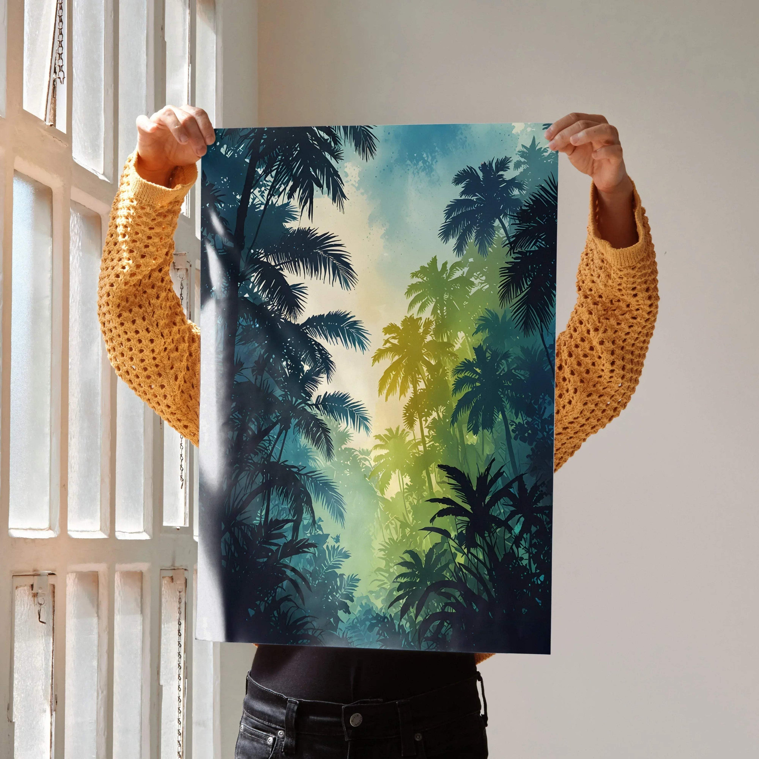 Vertical watercolor forest nature poster with layered palm trees and misty light for wall art.