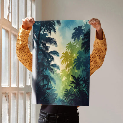Vertical watercolor forest nature poster with layered palm trees and misty light for wall art.
