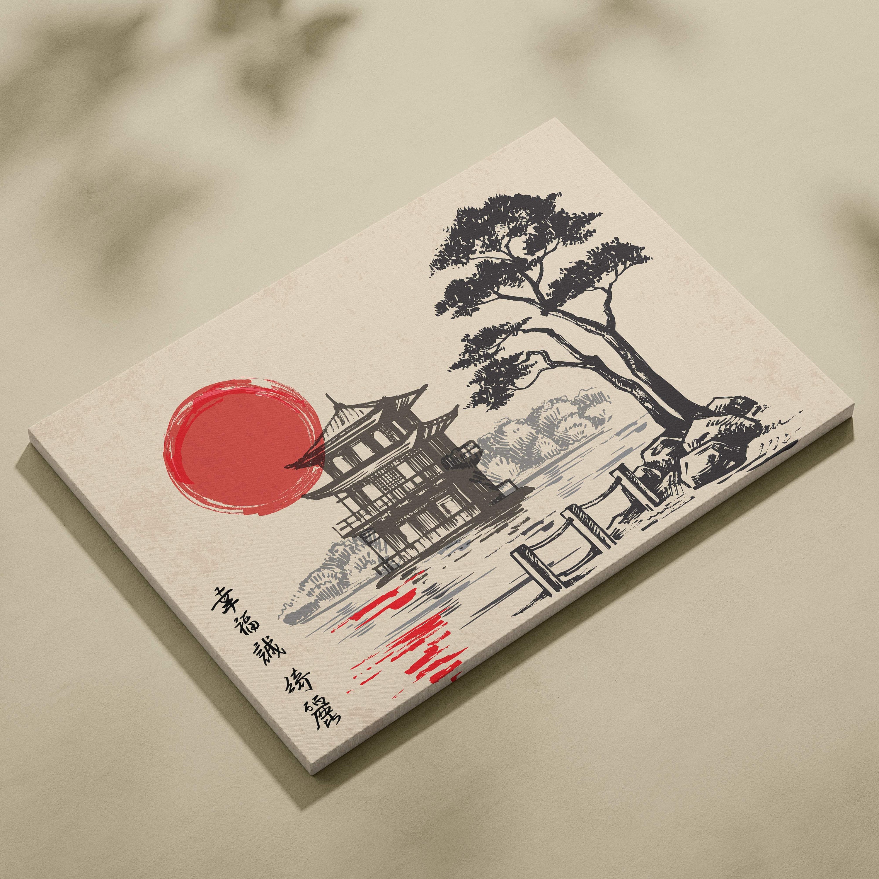 Japanese lake house canvas wall art featuring a black ink pagoda and red sun on beige background for zen decor