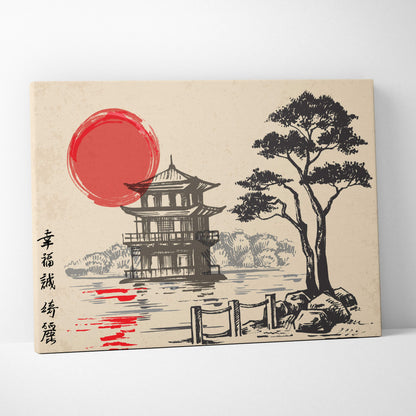 Beige canvas wall art featuring a black ink east asian pagoda and red sun with chinese characters for peaceful zen decor