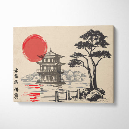 Beige canvas wall art featuring black ink east asian pagoda and red sun reflection in japanese lake house style