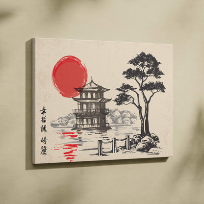 Minimalist Japanese lake house canvas wall art with black ink pagoda sketch red sun and cream background for living room decor