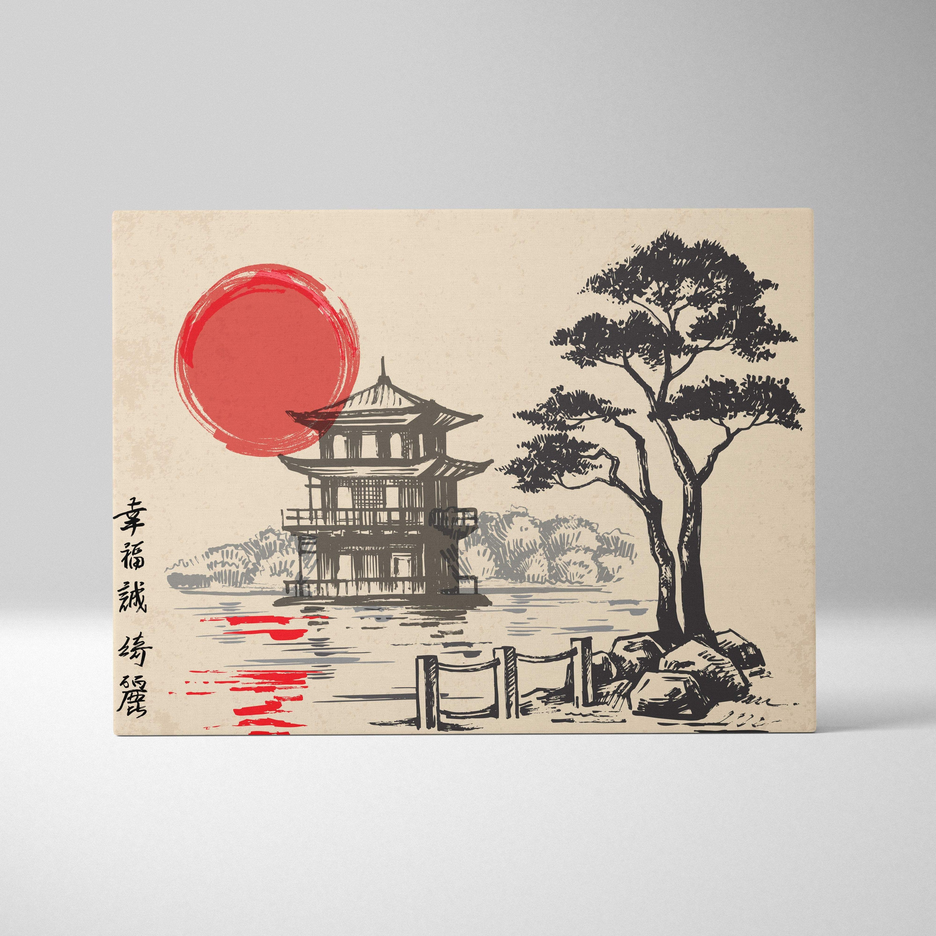 Beige canvas wall art featuring black ink pagoda and tree with red sun and chinese calligraphy for zen living room decor