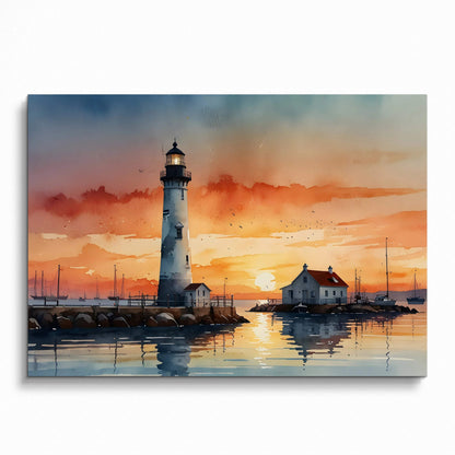 Watercolor sunset lighthouse poster with vibrant orange sky and calm harbor water wall art.