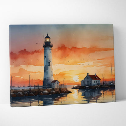 Watercolor beach sunset lighthouse canvas wall art with vibrant orange sky and reflective water.