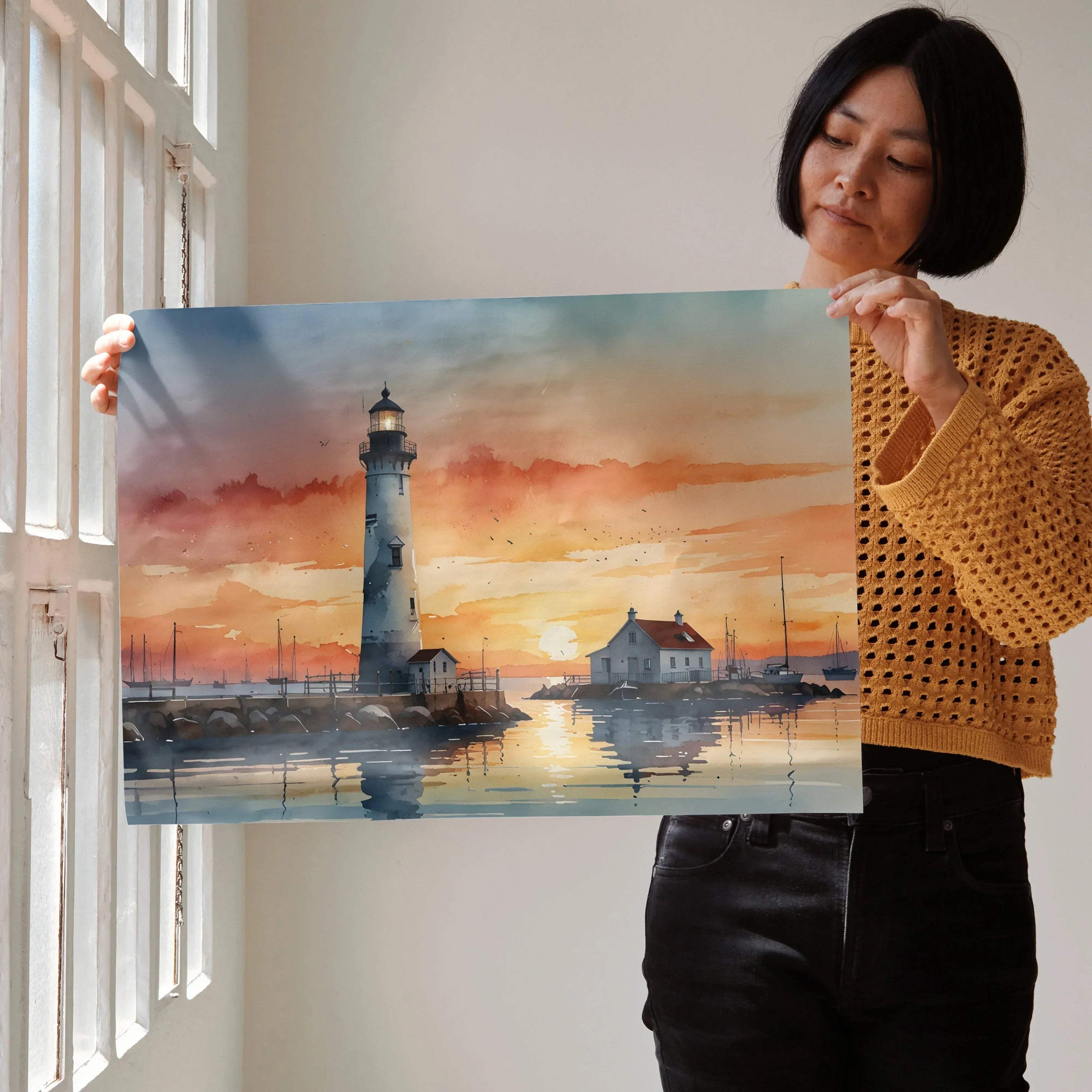 Watercolor sunset lighthouse poster with warm sky and reflection, colorful wall art print.