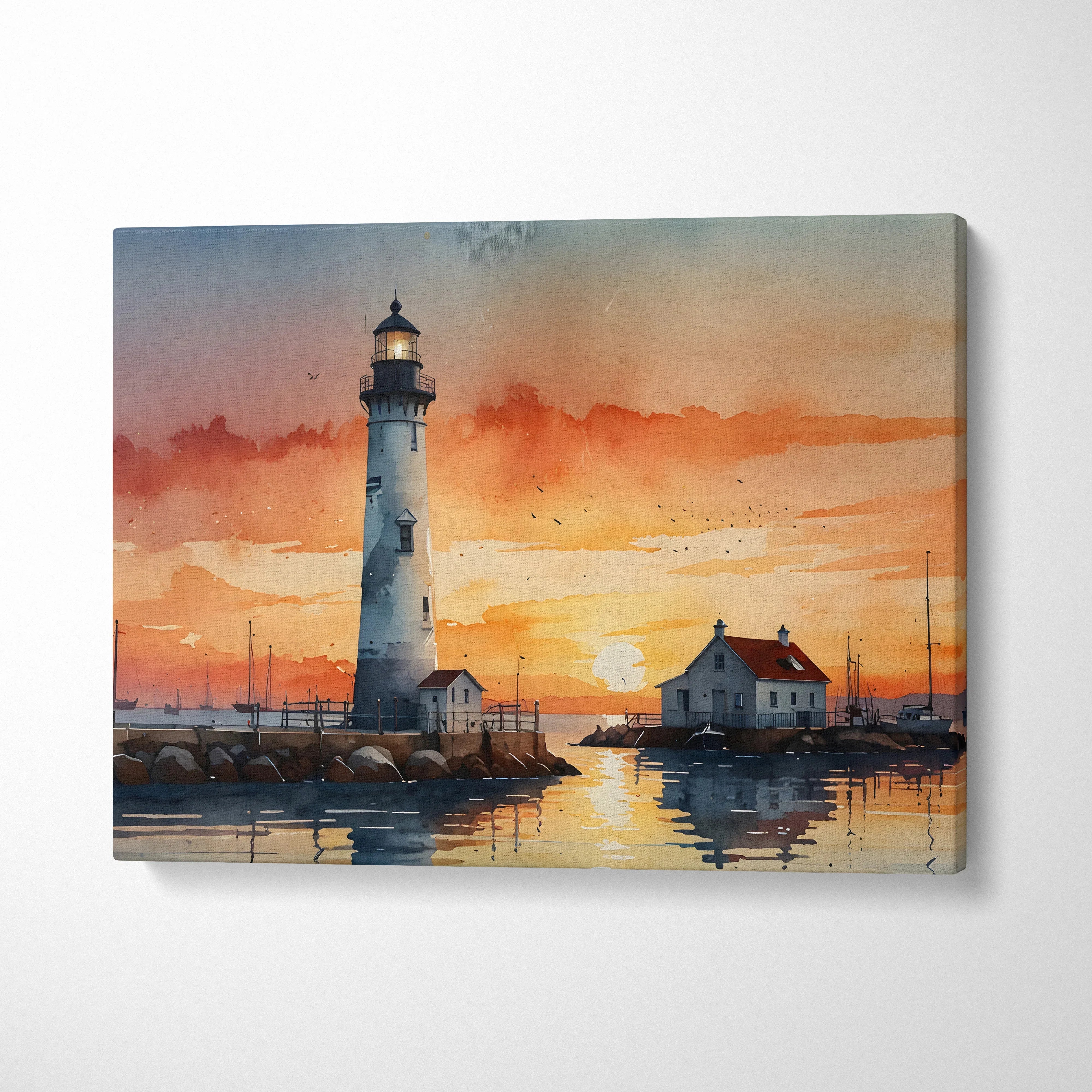 Watercolor canvas wall art of a lighthouse and cottage at a vibrant orange beach sunset.