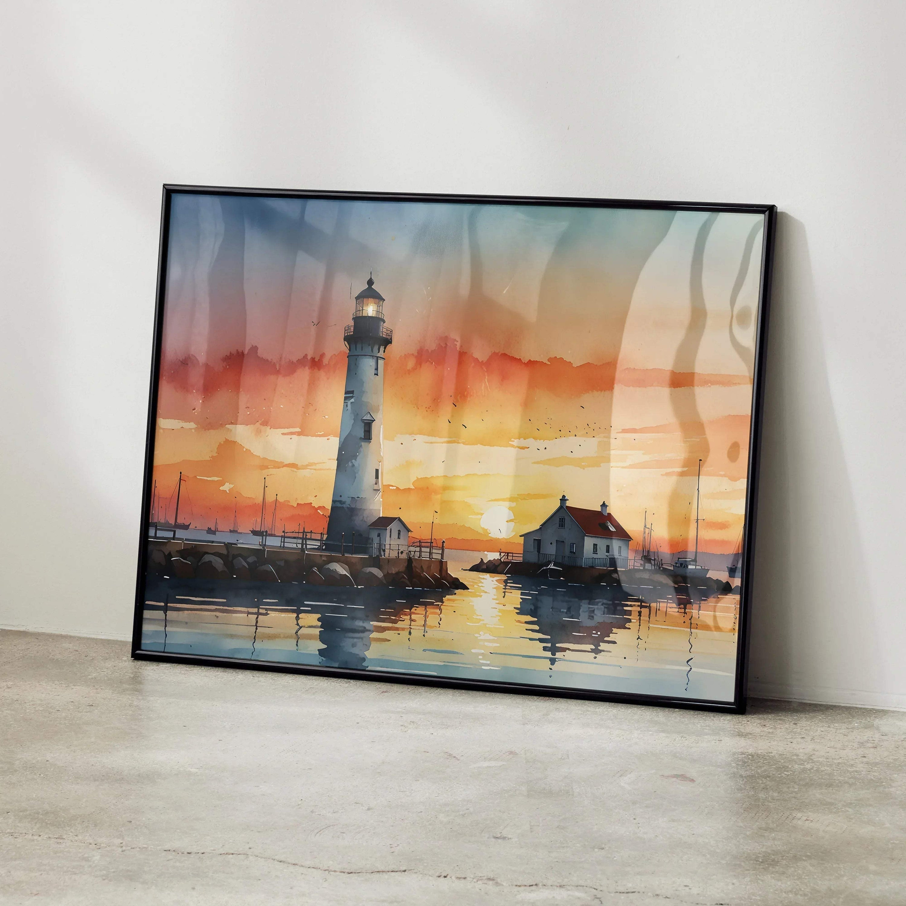 Watercolor sunset lighthouse poster with vibrant orange sky and reflective water wall art.