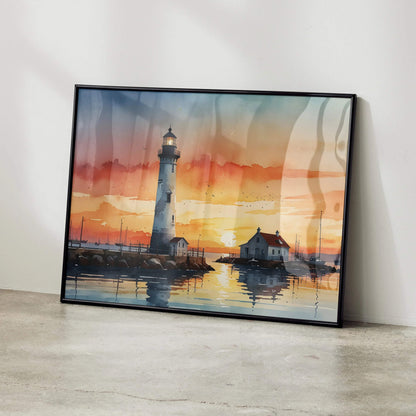 Watercolor sunset lighthouse poster with vibrant orange sky and reflective water wall art.