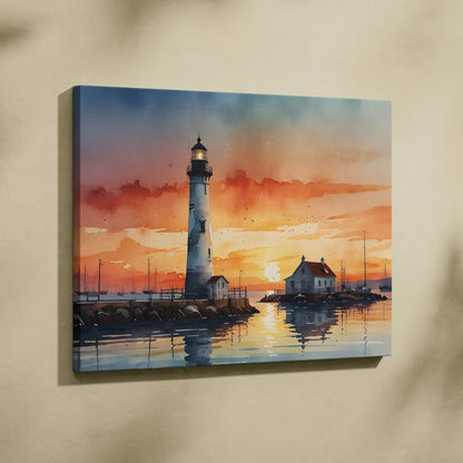 Watercolor canvas wall art featuring a beach sunset with a lighthouse and boats reflected in calm water.