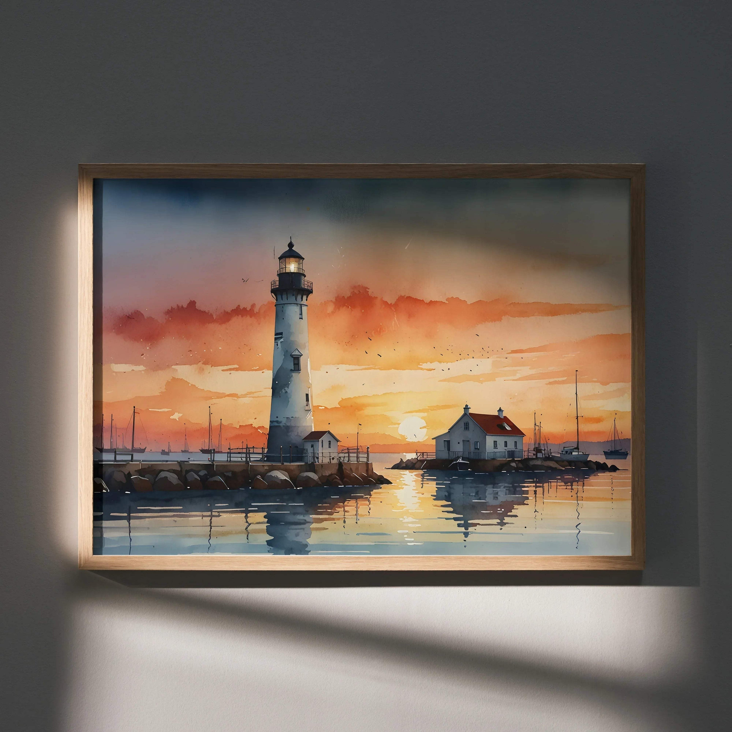 Watercolor sunset lighthouse poster with calm harbor and warm sky, framed wall art.