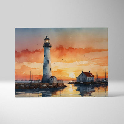 Watercolor canvas wall art featuring a beach lighthouse at sunset with vibrant orange and blue sky.