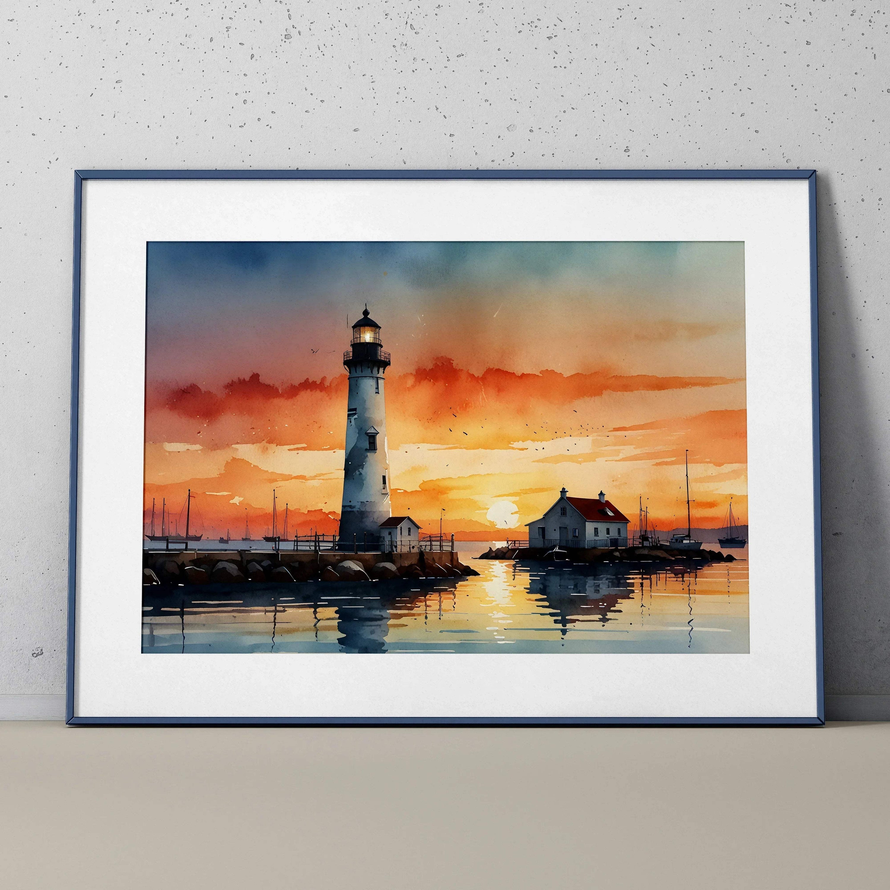 Watercolor sunset lighthouse poster with vibrant orange sky and calm water reflecting wall art.