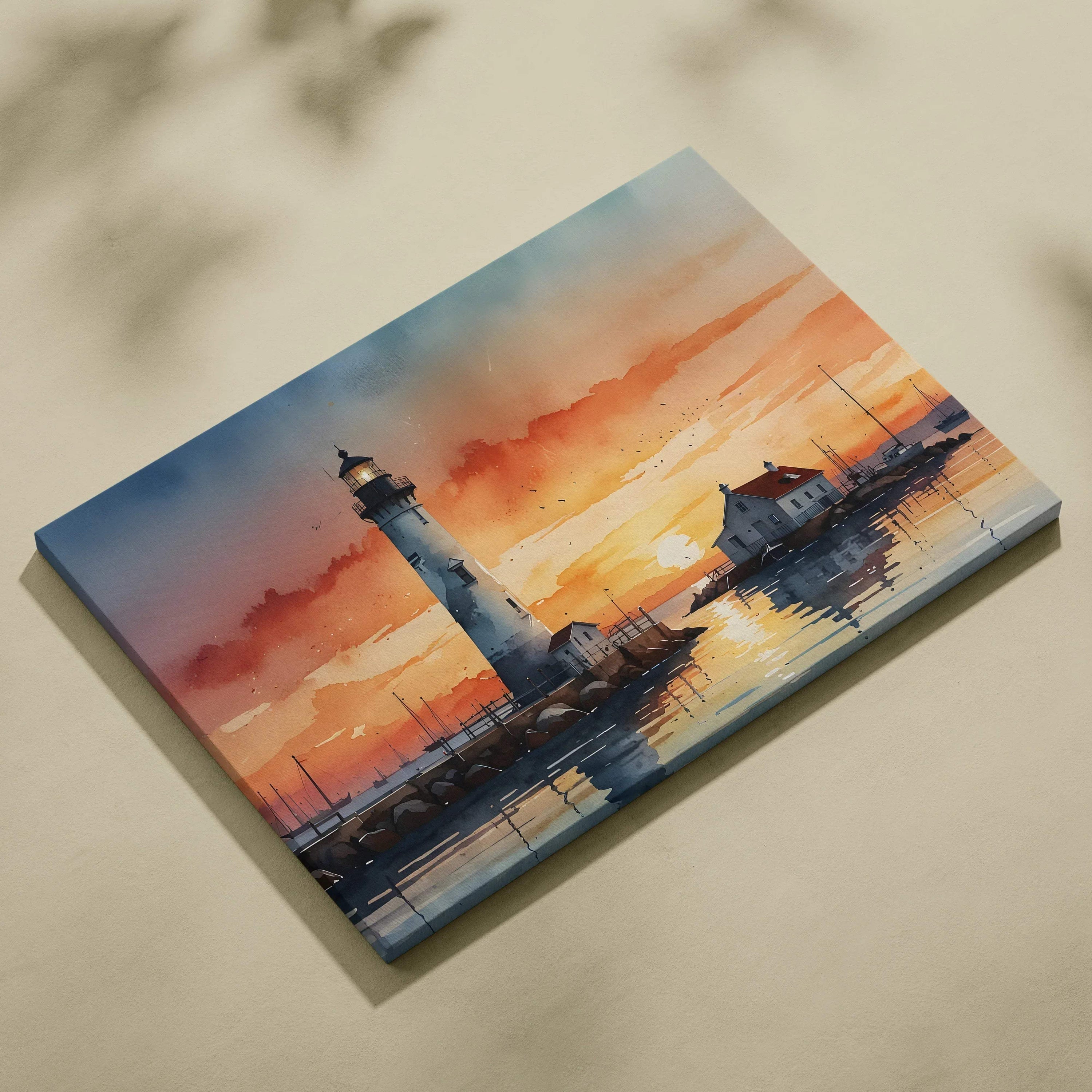 Canvas wall art featuring watercolor beach sunset with lighthouse and reflections on water.