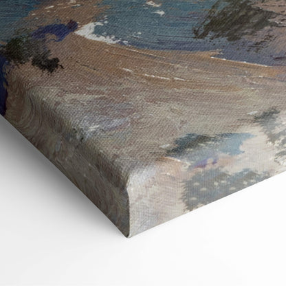 Abstract canvas painting with textured impasto brushstrokes in muted blues grays and earthy browns for cozy home decor