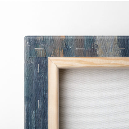 A rustic wooden canvas frame with distressed dark blue finish and white stitching for black cat window canvas print