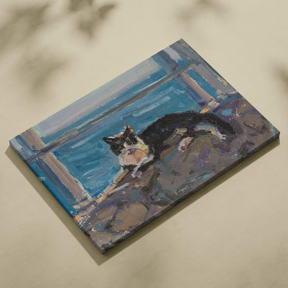 Black cat window canvas print featuring a black and white cat by the ocean in blue gray impressionist oil style