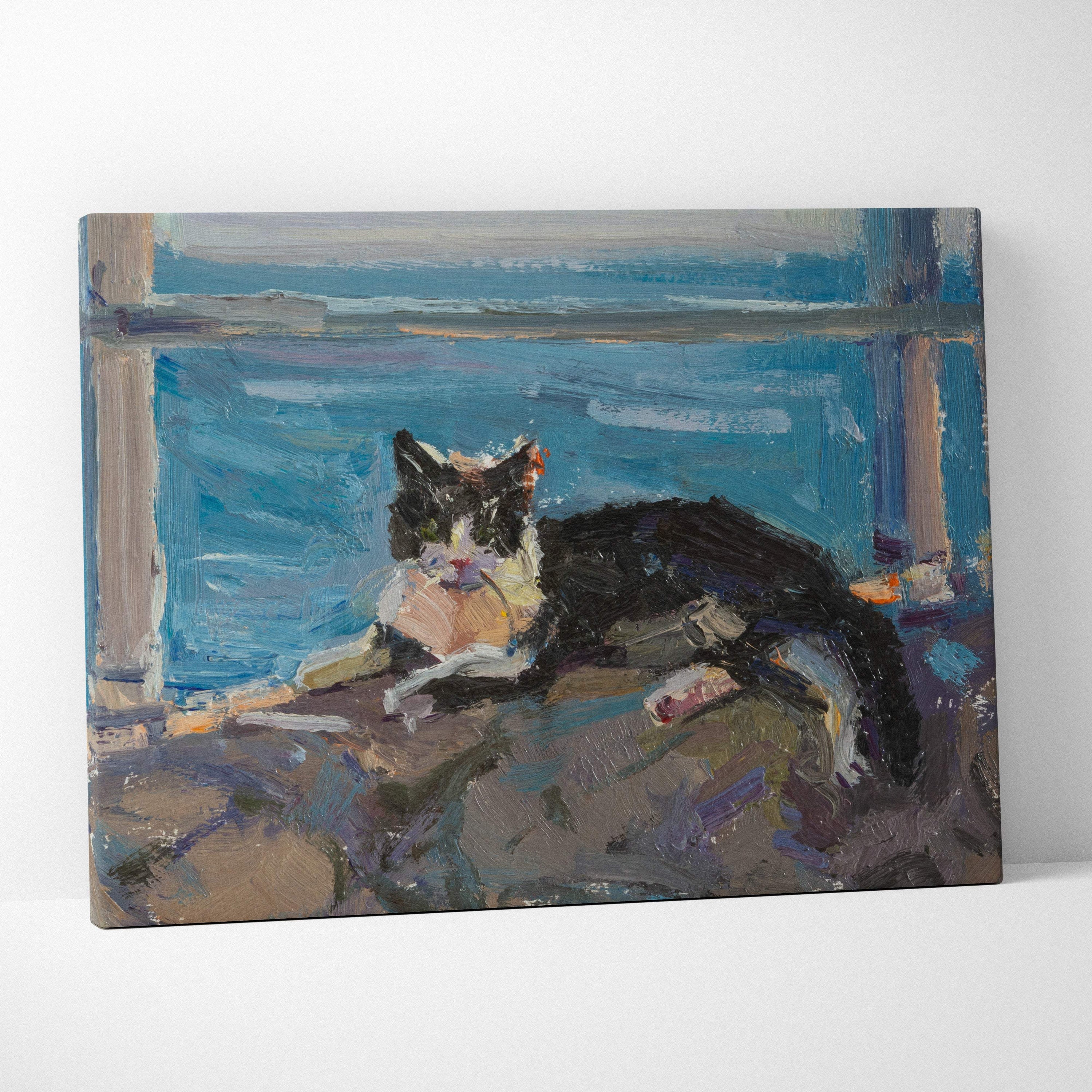 A textured canvas print of a black and white cat resting by a blue gray window in impressionist oil painting style