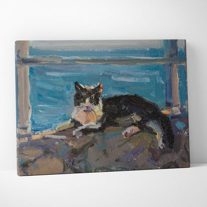 A textured canvas print of a black and white cat resting by a blue gray window in impressionist oil painting style