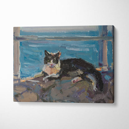 A framed oil painting canvas print of a black and white cat on a windowsill in cool blue tones for cozy home decor