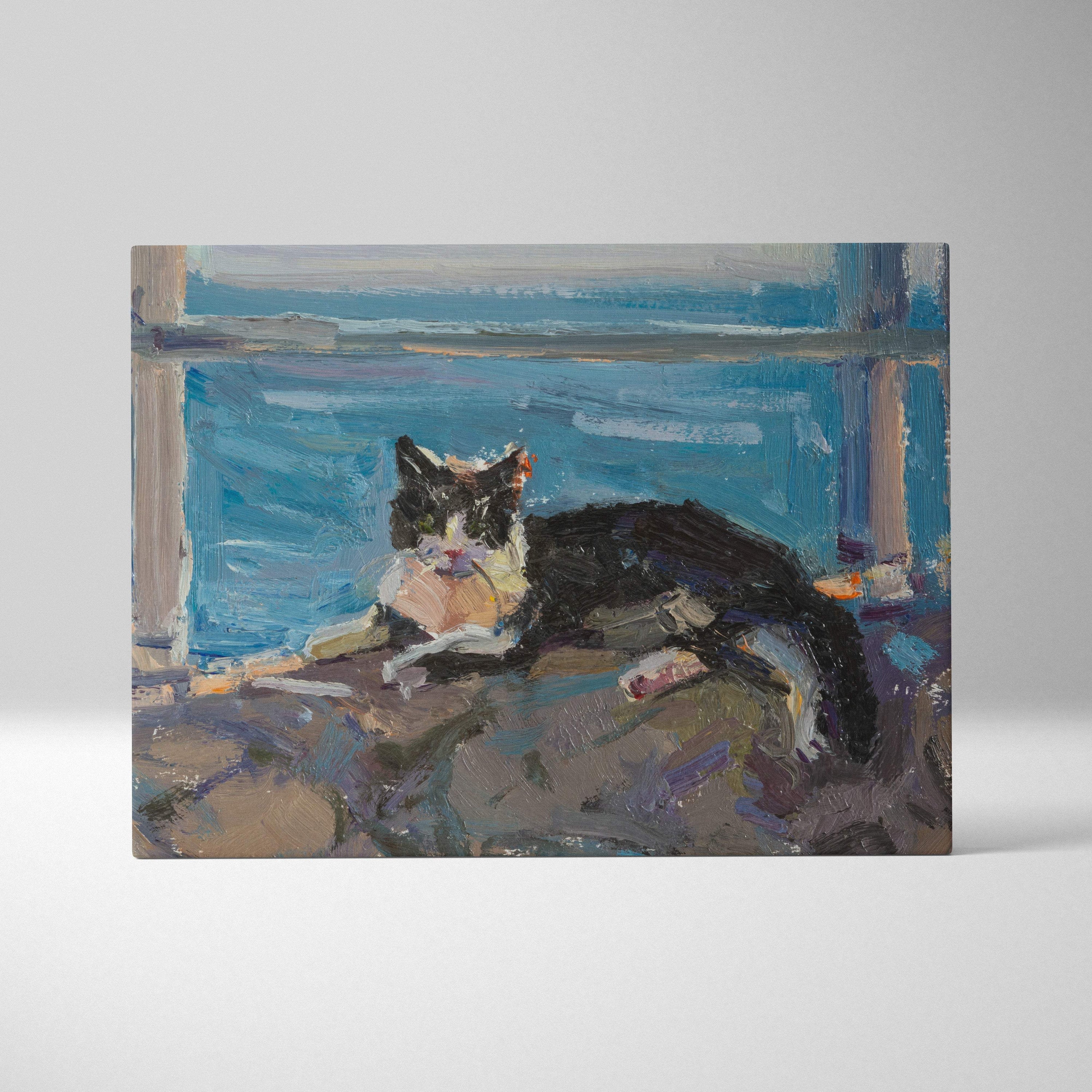 A framed oil painting of a black and white cat on a textured surface with a vibrant blue background in impressionist style