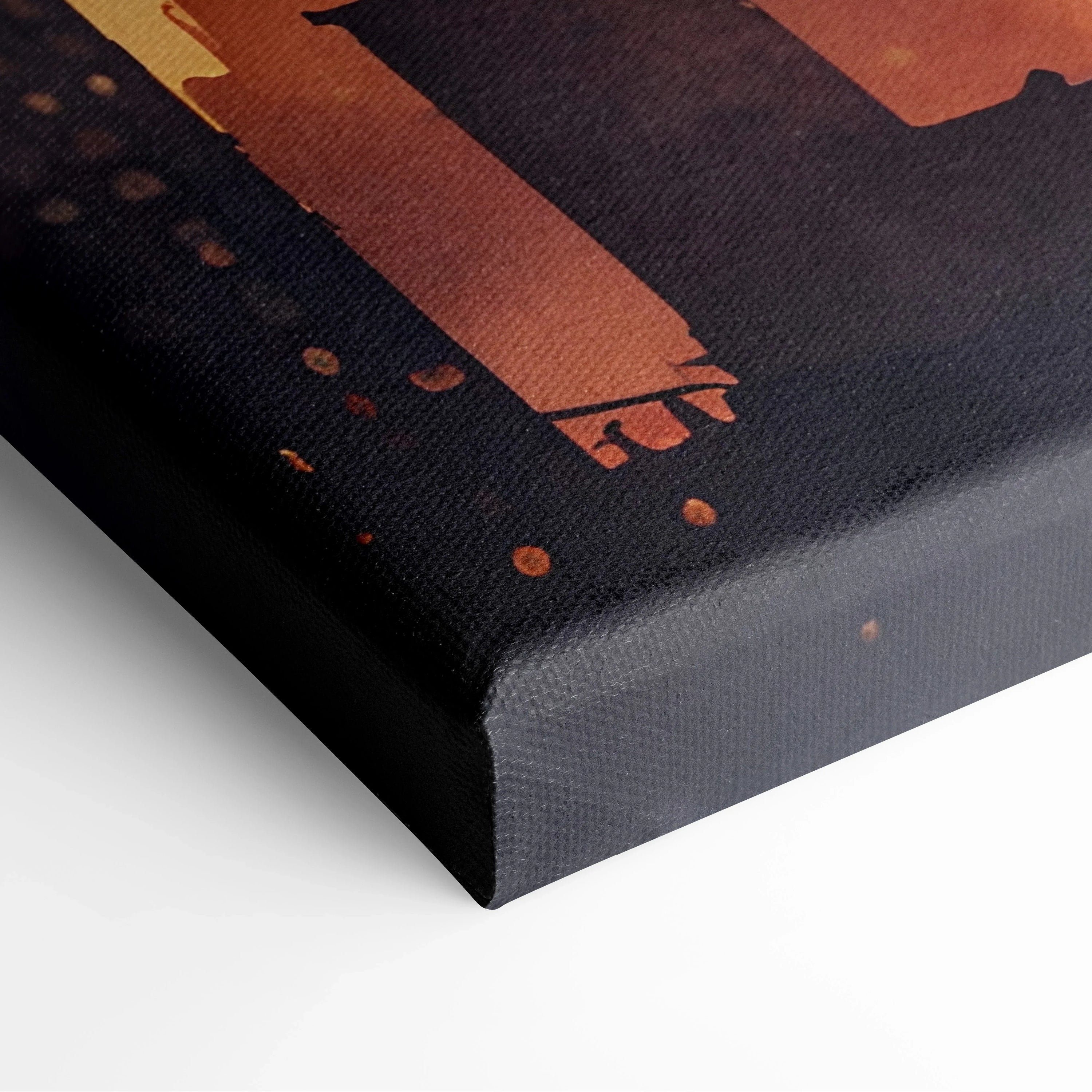 Close-up of colorful city skyline sunset watercolor canvas wall art with vibrant orange and dark tones.