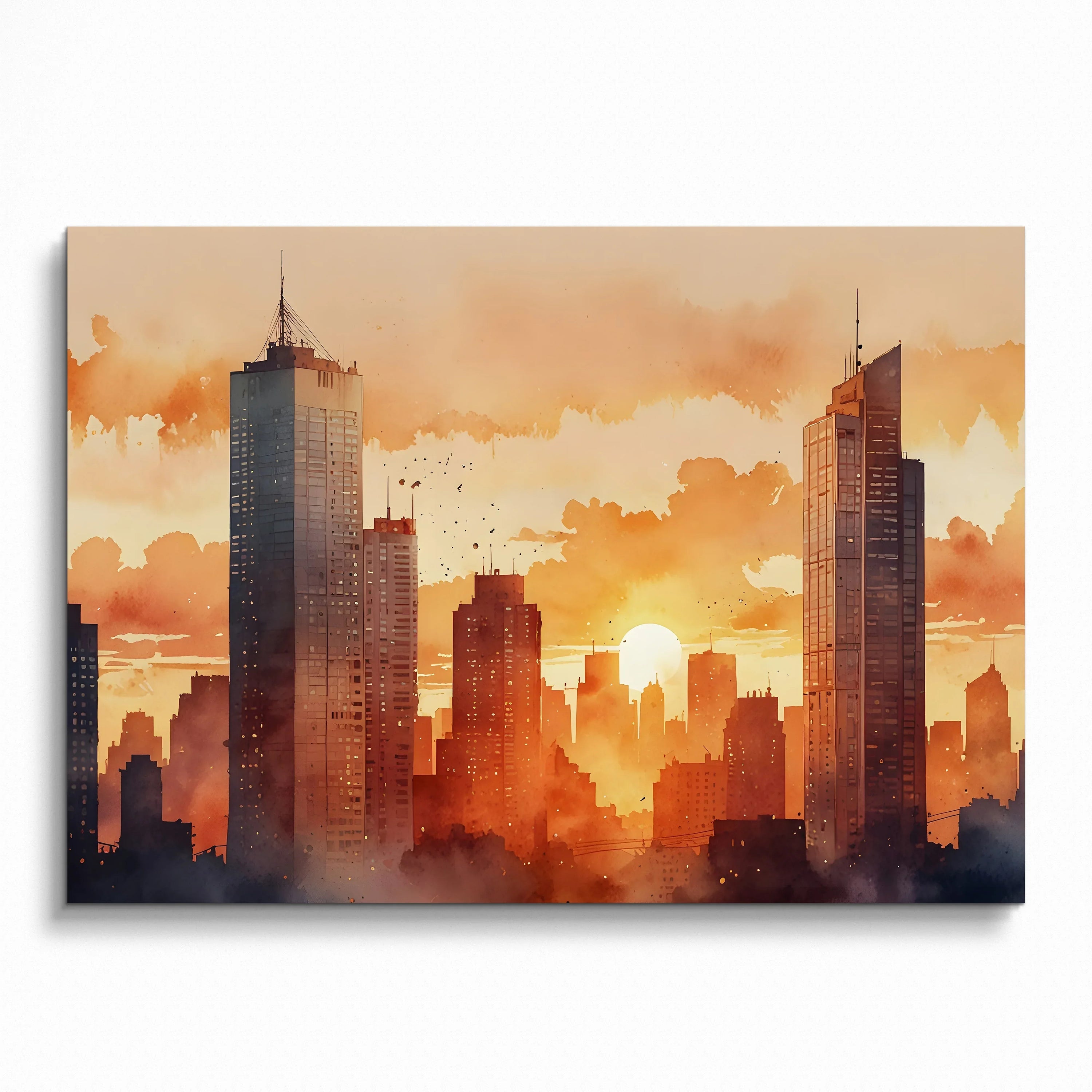 Watercolor sunset cityscape poster with warm orange and brown tones, modern urban wall art.