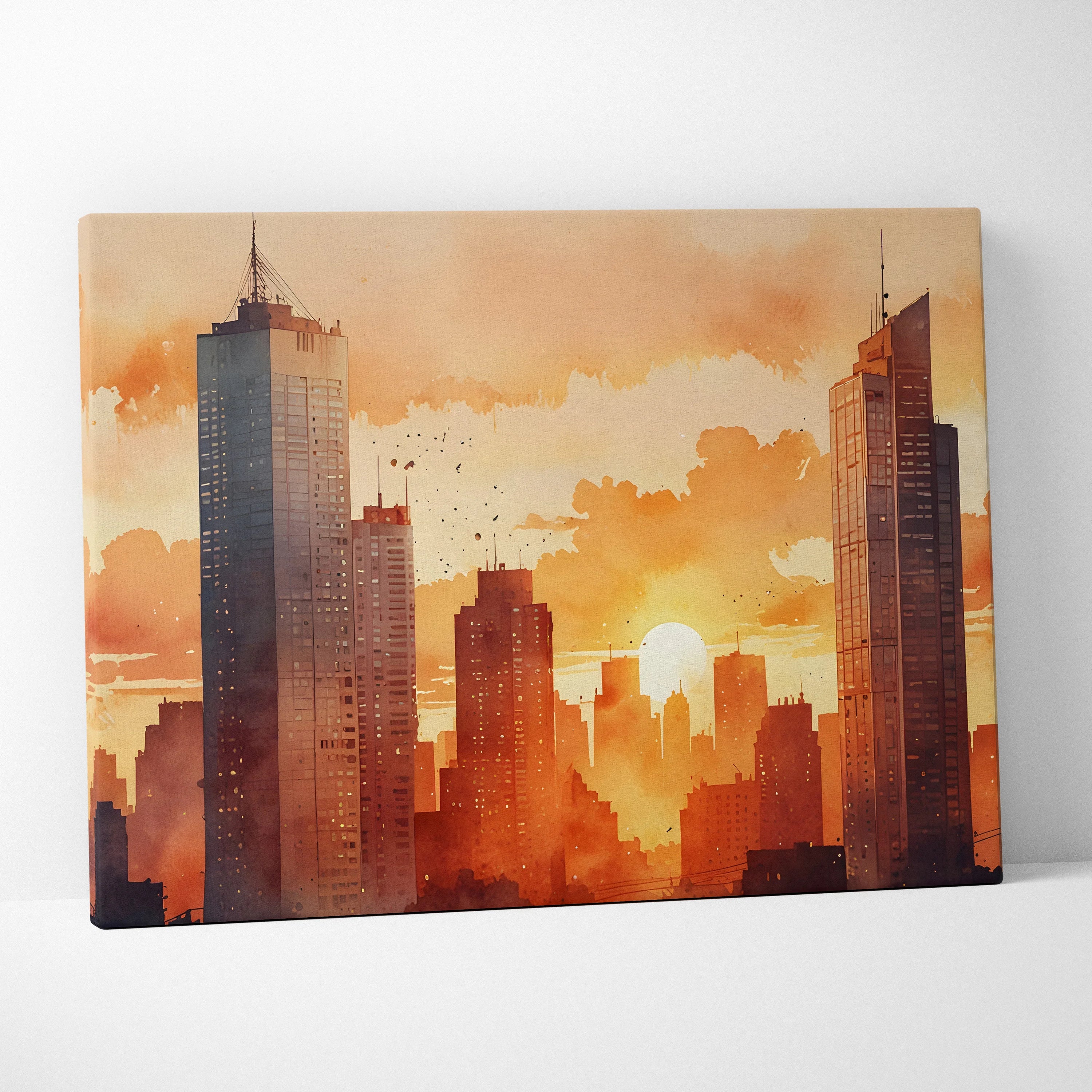 Vibrant watercolor city skyline canvas wall art with warm orange and yellow sunset tones.