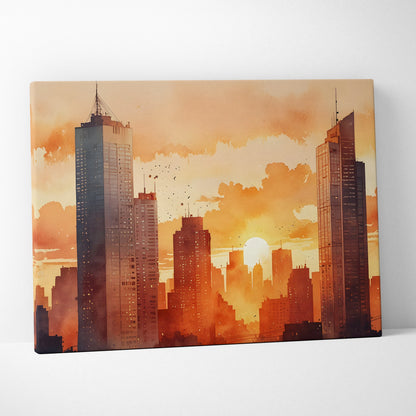 Vibrant watercolor city skyline canvas wall art with warm orange and yellow sunset tones.