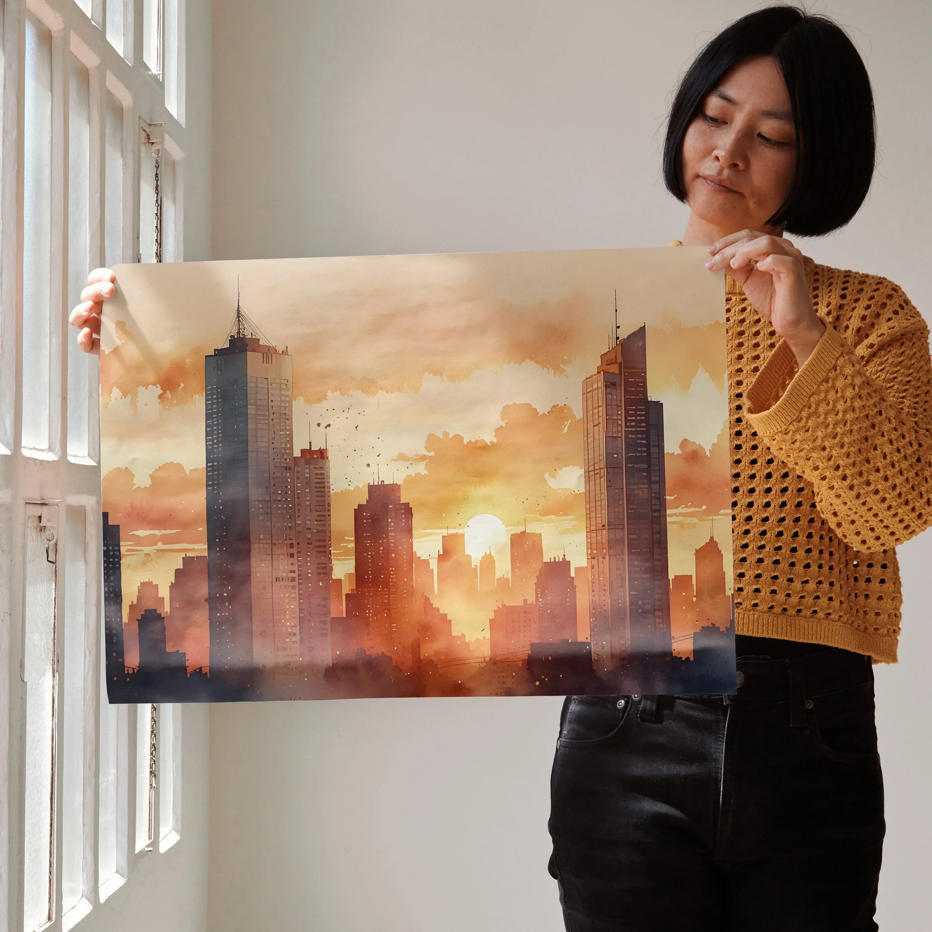 Watercolor sunset cityscape poster with warm orange and pink tones, modern wall art design.