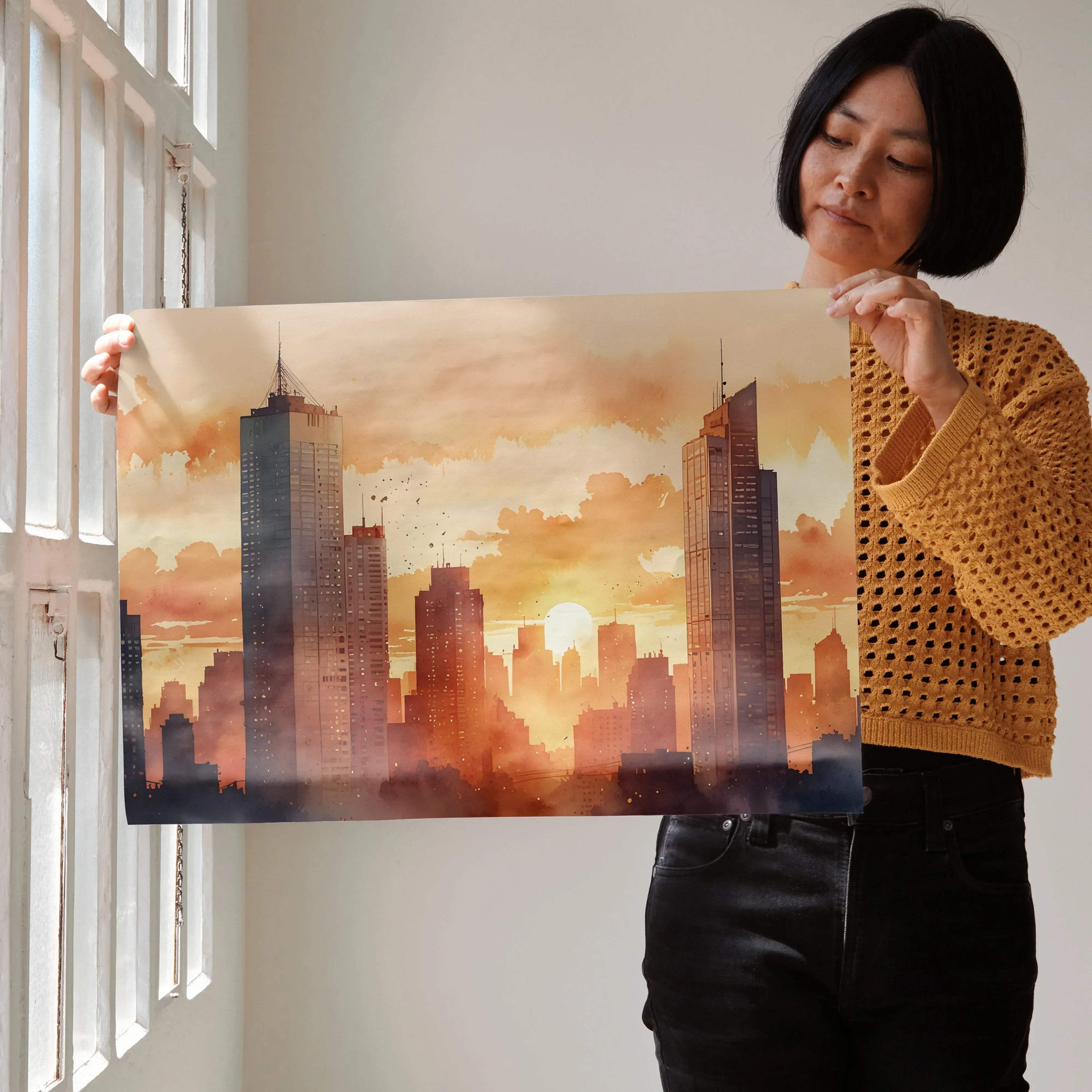 Watercolor styled sunset cityscape digital art poster featuring a rectangular print of silhouetted skyscrapers against an orange sky