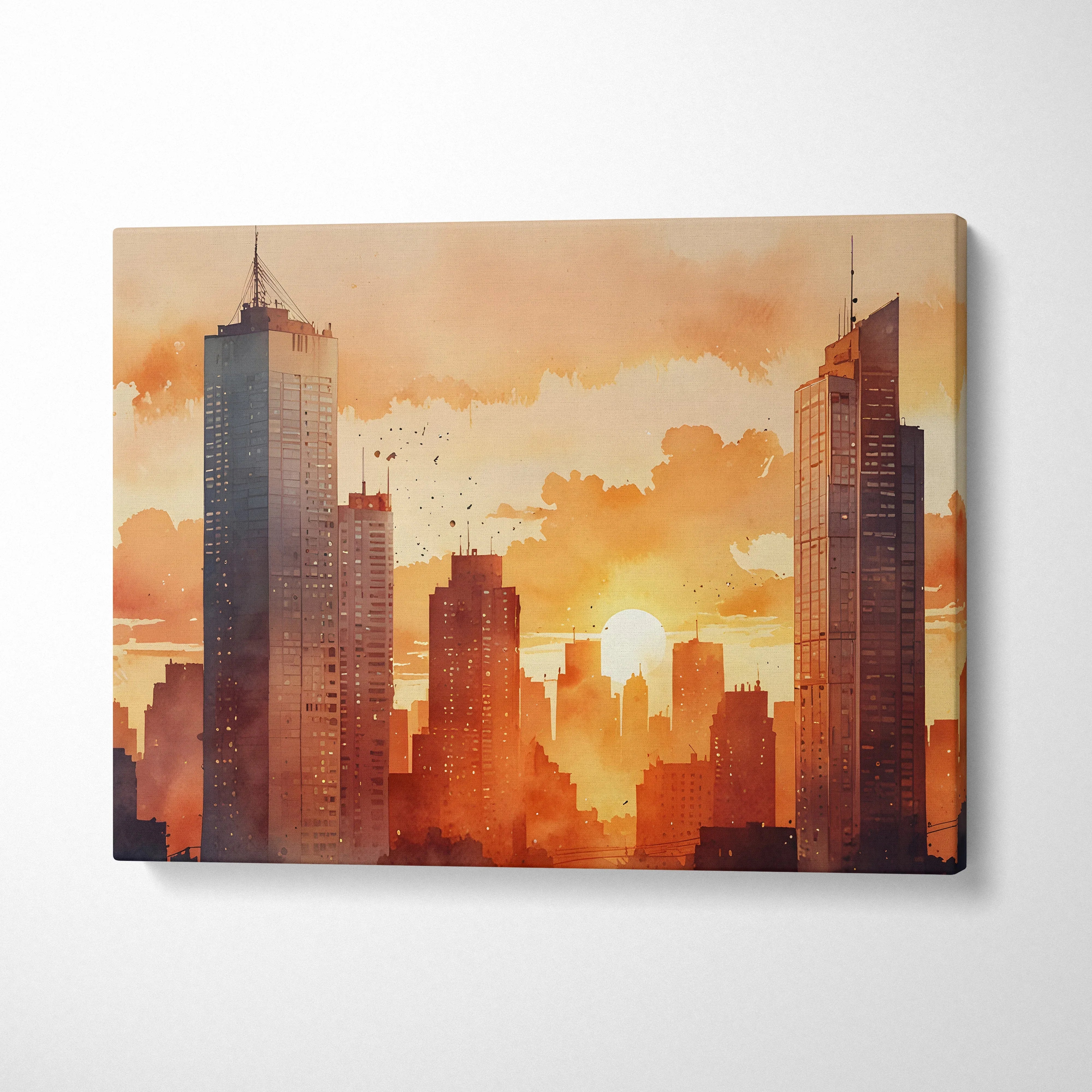City skyline sunset watercolor canvas wall art with warm orange and yellow tones.
