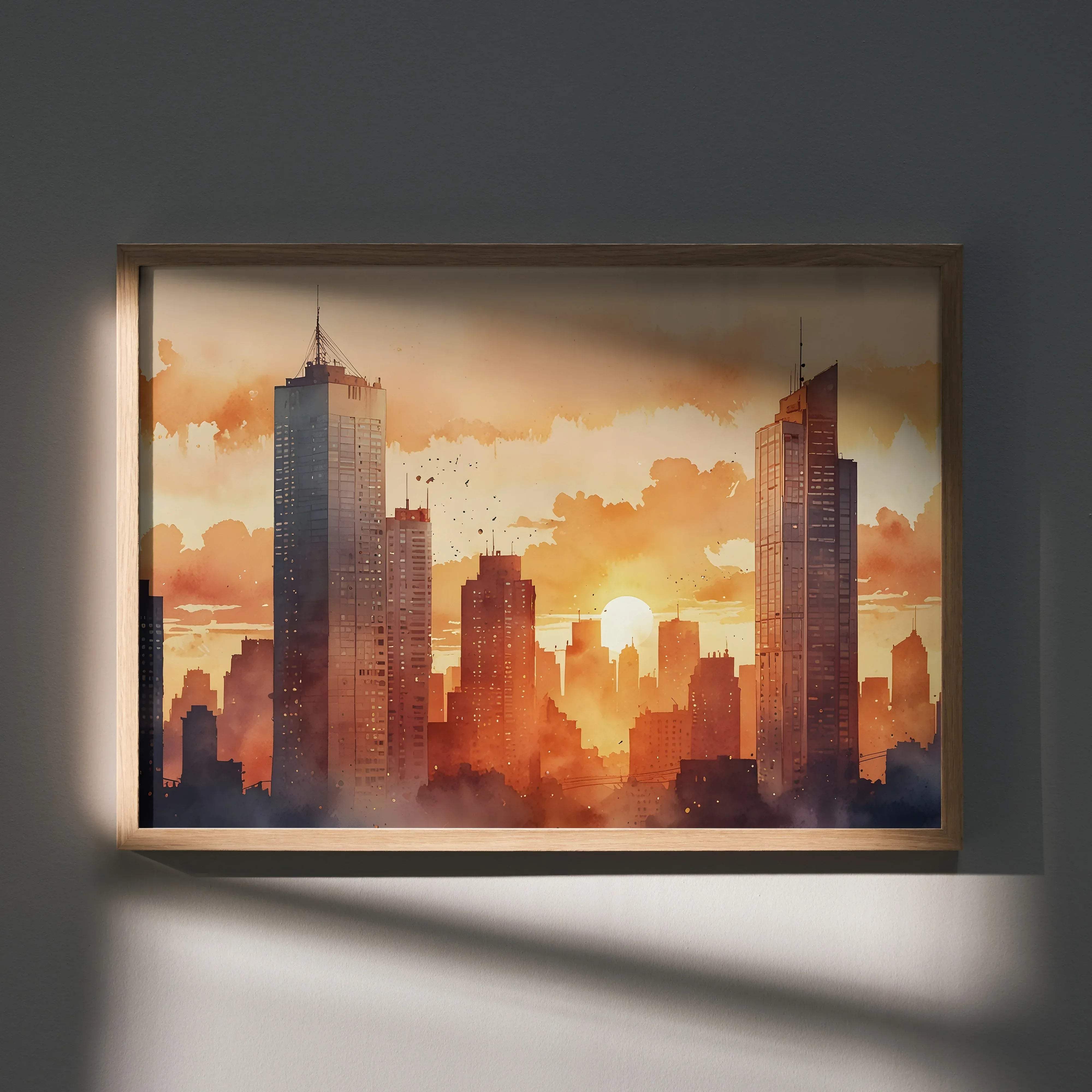 A framed watercolor styled sunset cityscape digital art poster with tall skyscrapers against an orange golden sky