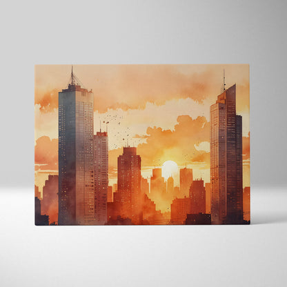 Vibrant watercolor city skyline at sunset on horizontal canvas wall art with warm orange tones.