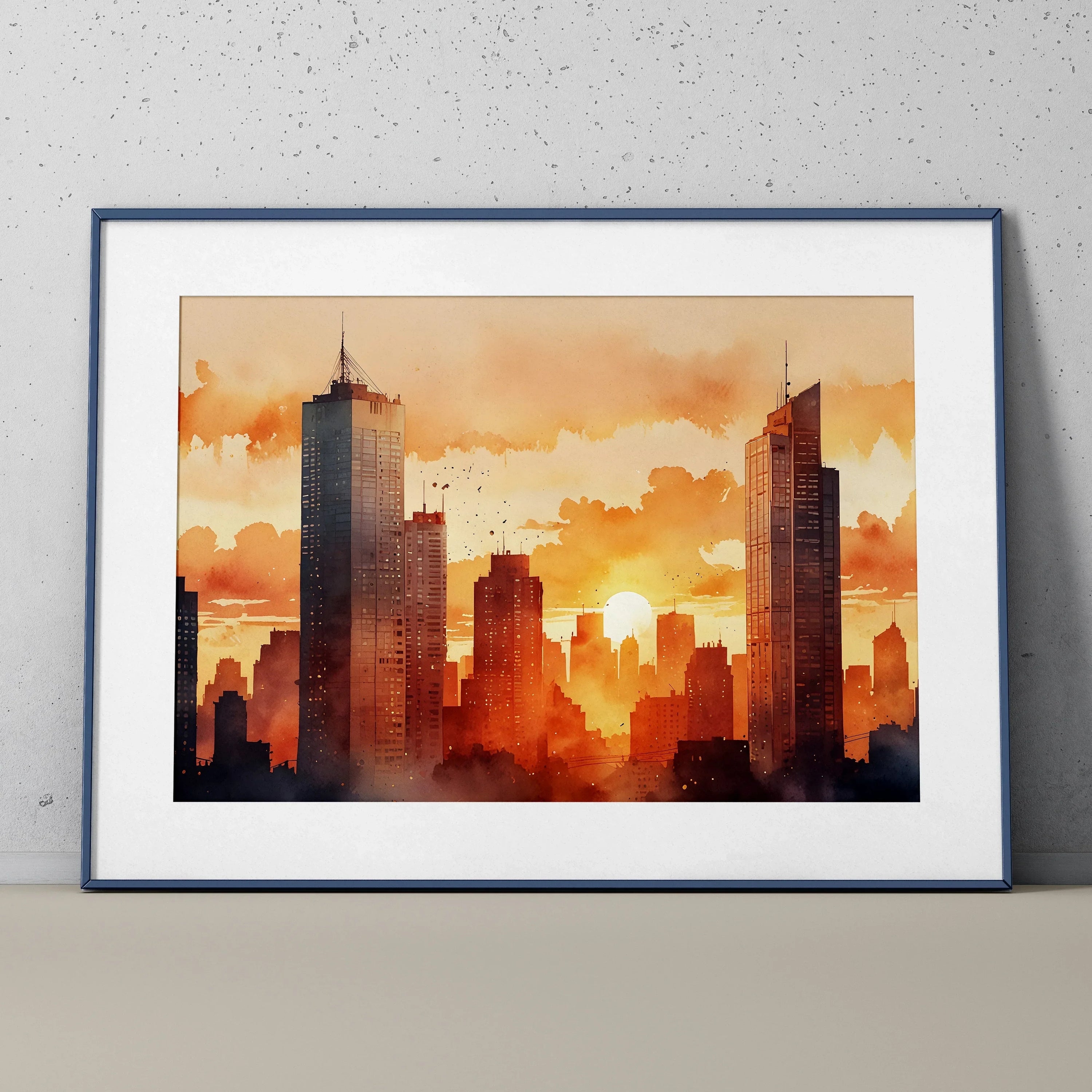 Watercolor sunset cityscape poster with warm orange and brown tones, framed wall art.