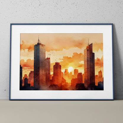 Watercolor sunset cityscape poster with warm orange and brown tones, framed wall art.
