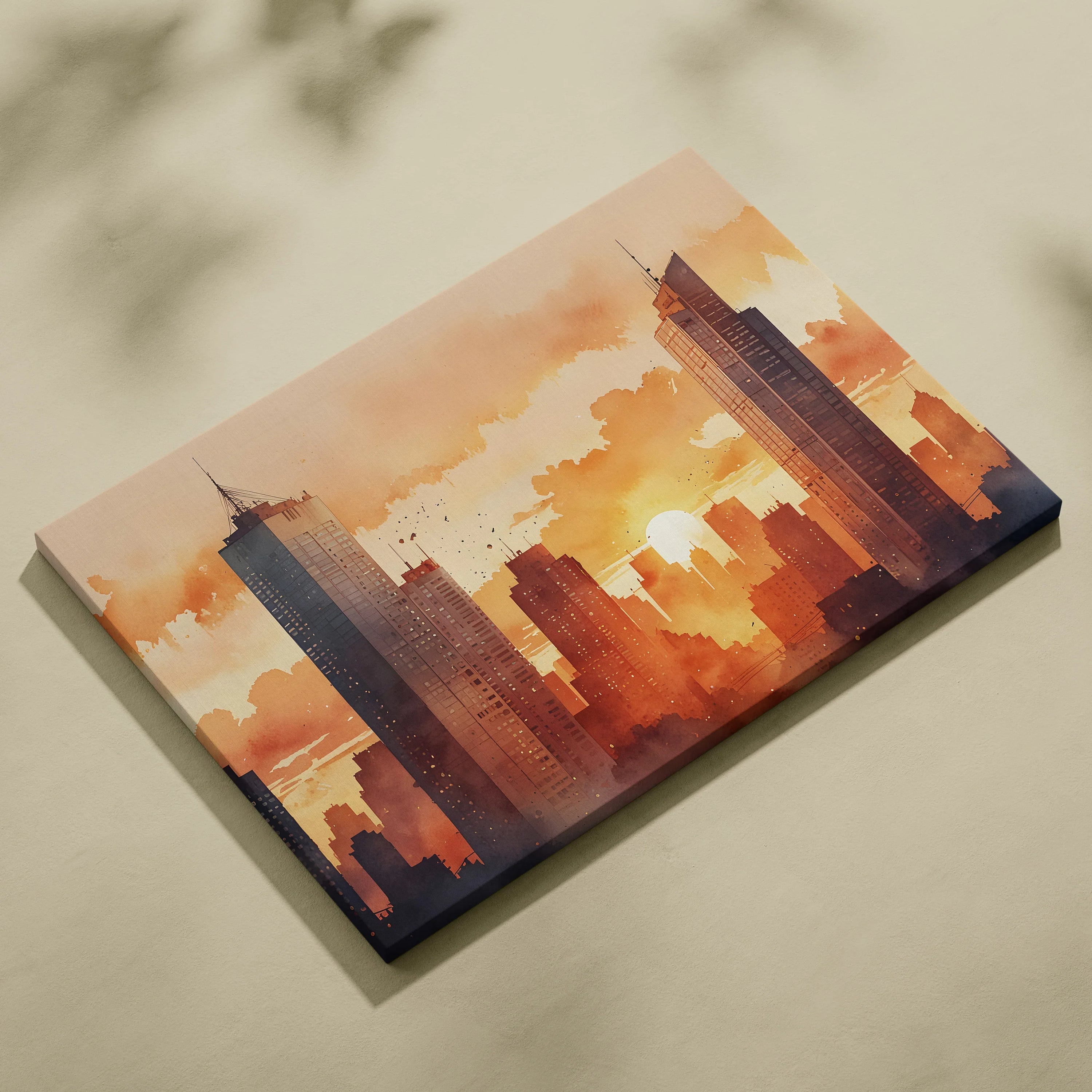 Watercolor city skyline sunset canvas wall art with warm orange and brown tones.