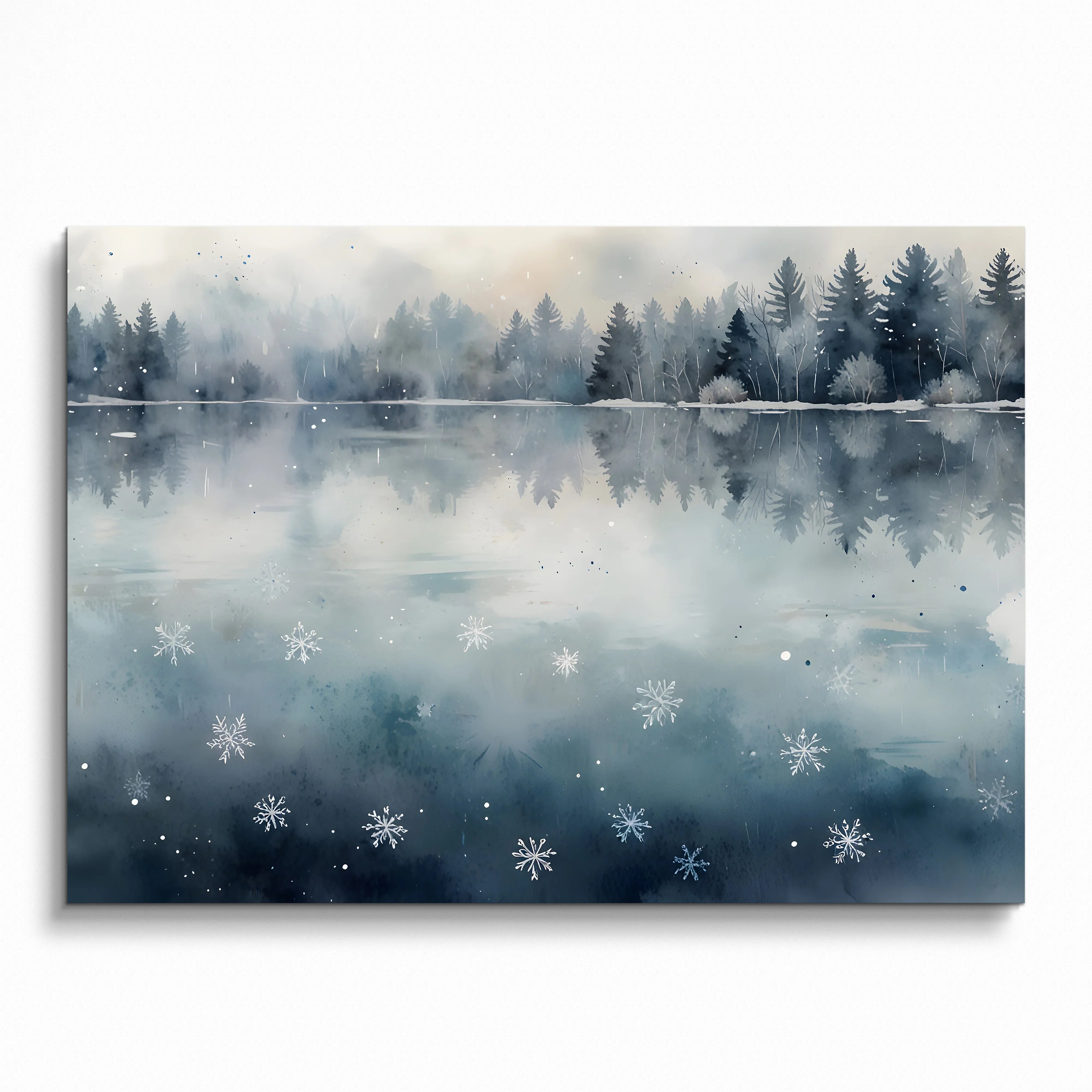 Serene watercolor poster of snowy forest and misty lake at sunset wall art.