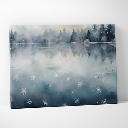 Snowy forest reflected on water with delicate snowflake details canvas wall art.