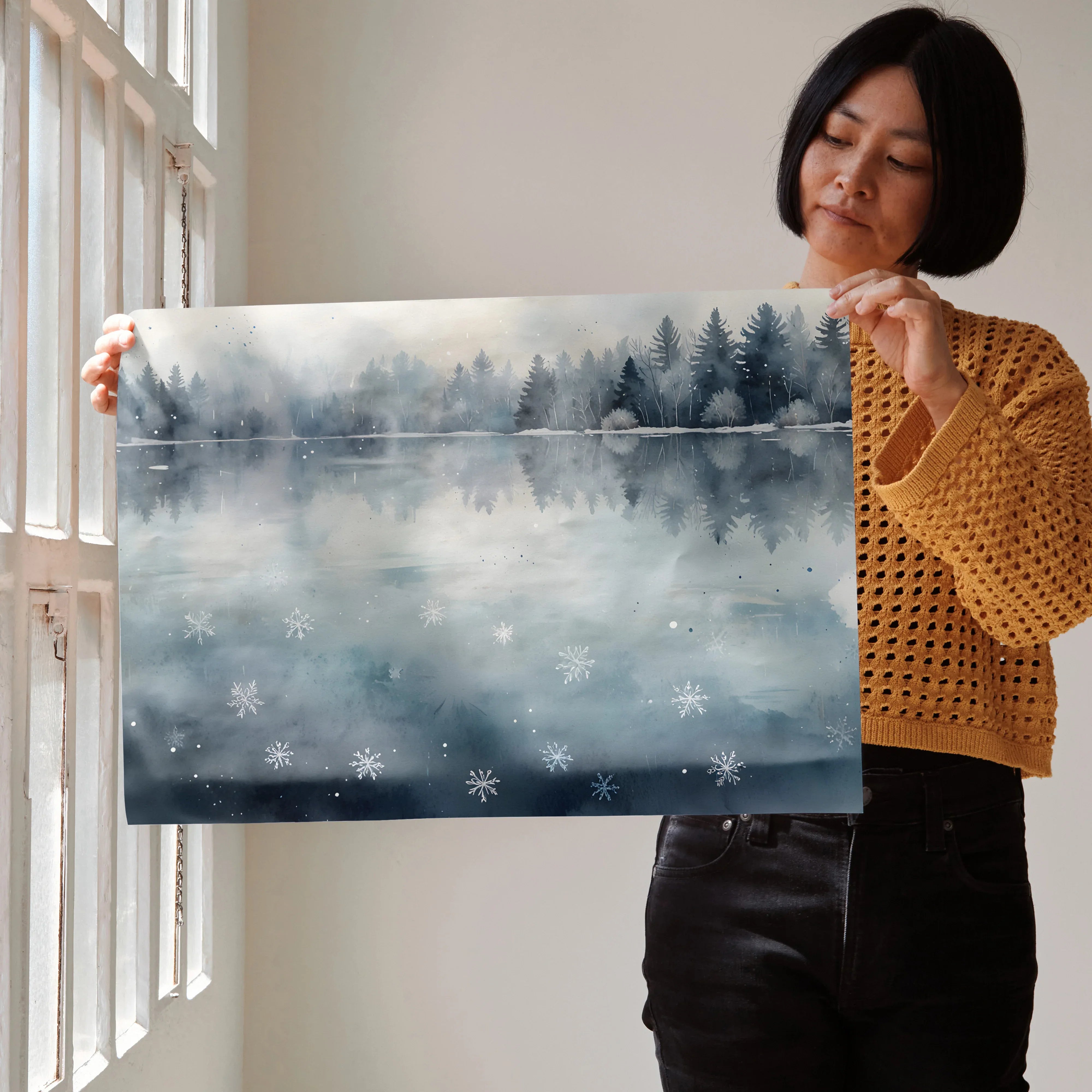 Serene winter snow nature watercolor art poster with misty pine trees and snowflakes, wall art.