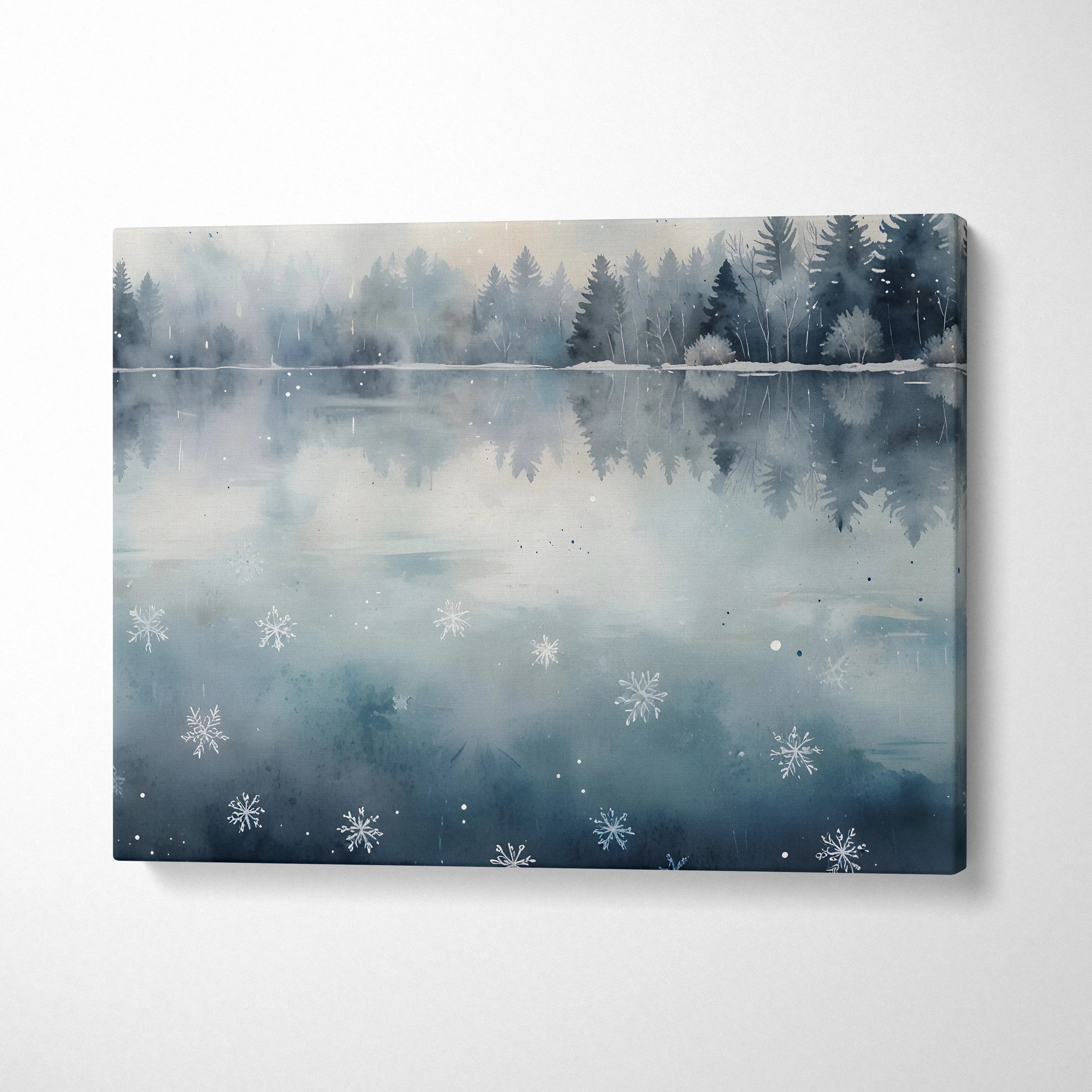 Snowy landscape canvas wall art with misty forest reflection and watercolor snowflakes on water surface.