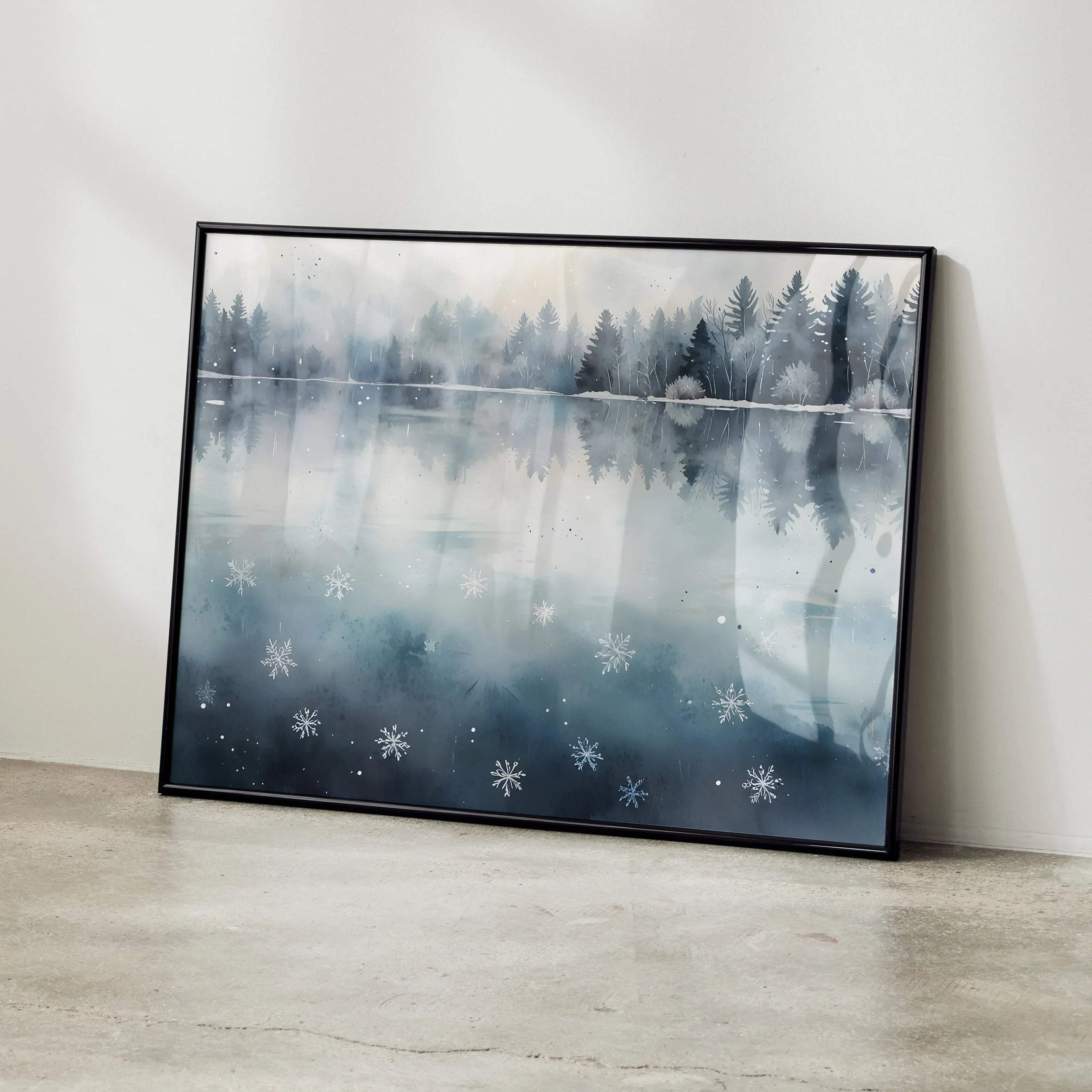 Serene winter snow nature watercolor art poster with mountains and forest reflection in calm water.