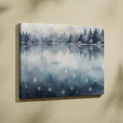 Canvas wall art featuring a serene snowy landscape with pine trees reflected on a calm lake and watercolor snowflakes.
