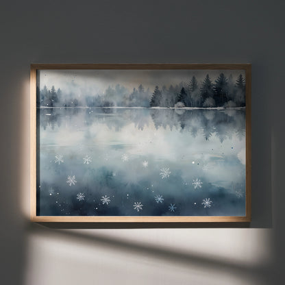 Winter snow landscape watercolor art poster with misty trees and reflective lake wall art.
