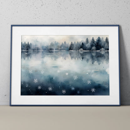 Serene winter snow watercolor art poster featuring misty trees and reflective lake with snowflake details, framed wall art.