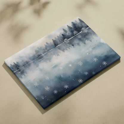 Canvas wall art featuring a serene snowy landscape with watercolor pine trees and snowflakes.