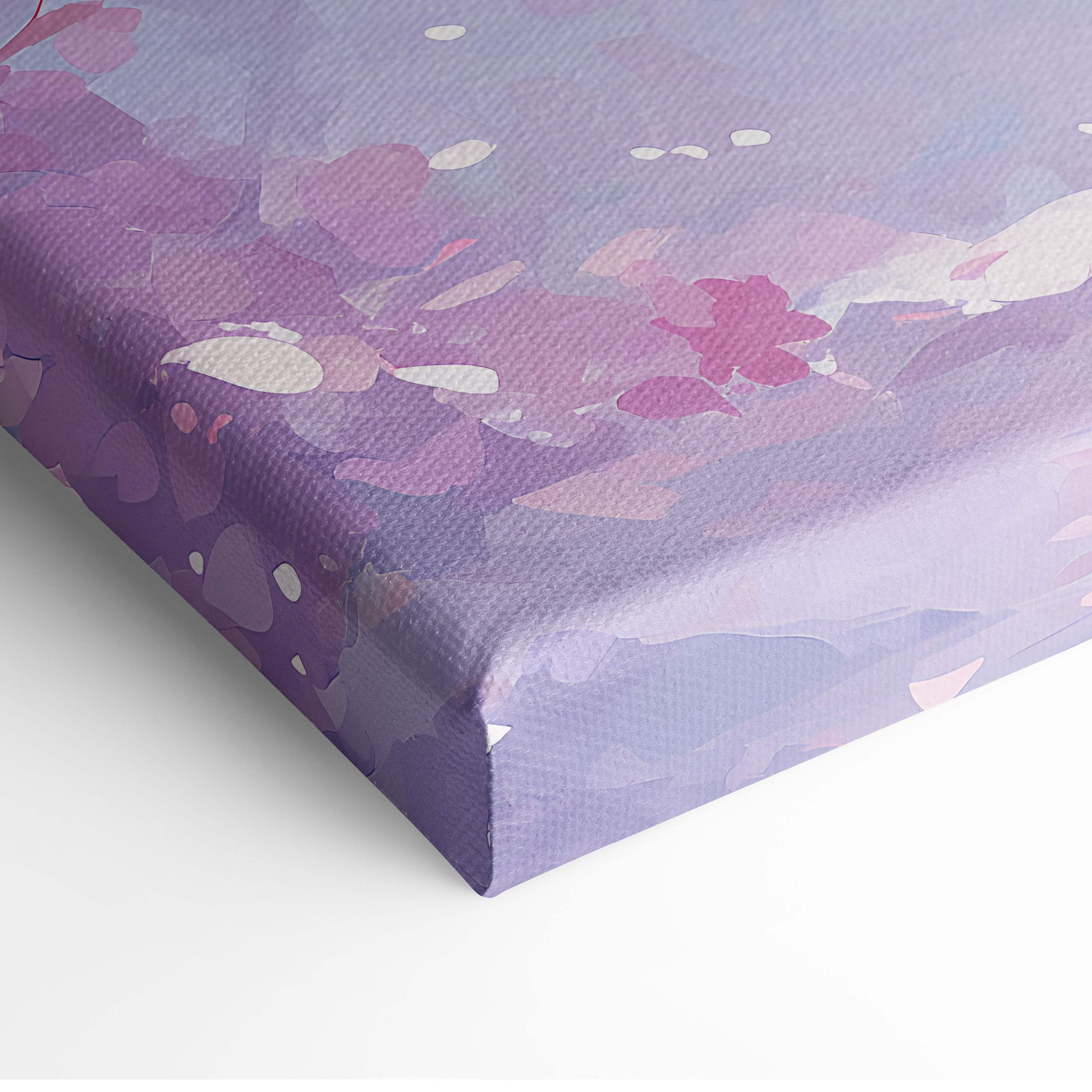 Pink cherry blossom path canvas wall art with purple floral soft watercolor wash and textured surface for spring decor